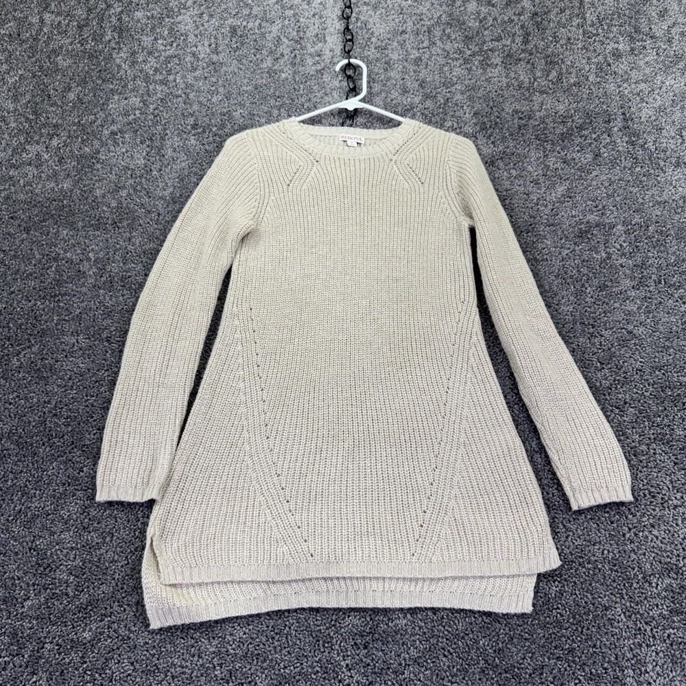 Merona Sweater Tunic Womens Small Beige Long Sleeve Crew Neck High Low Knit